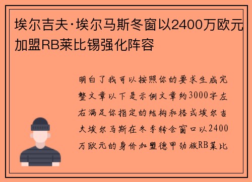 埃尔吉夫·埃尔马斯冬窗以2400万欧元加盟RB莱比锡强化阵容