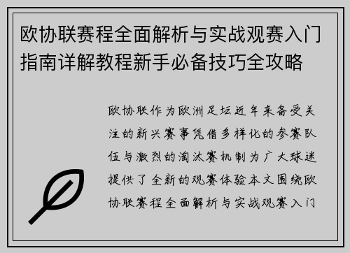 欧协联赛程全面解析与实战观赛入门指南详解教程新手必备技巧全攻略 欧协联赛程全面解析与实战观赛入门指南详解教程新手必备技巧全攻略